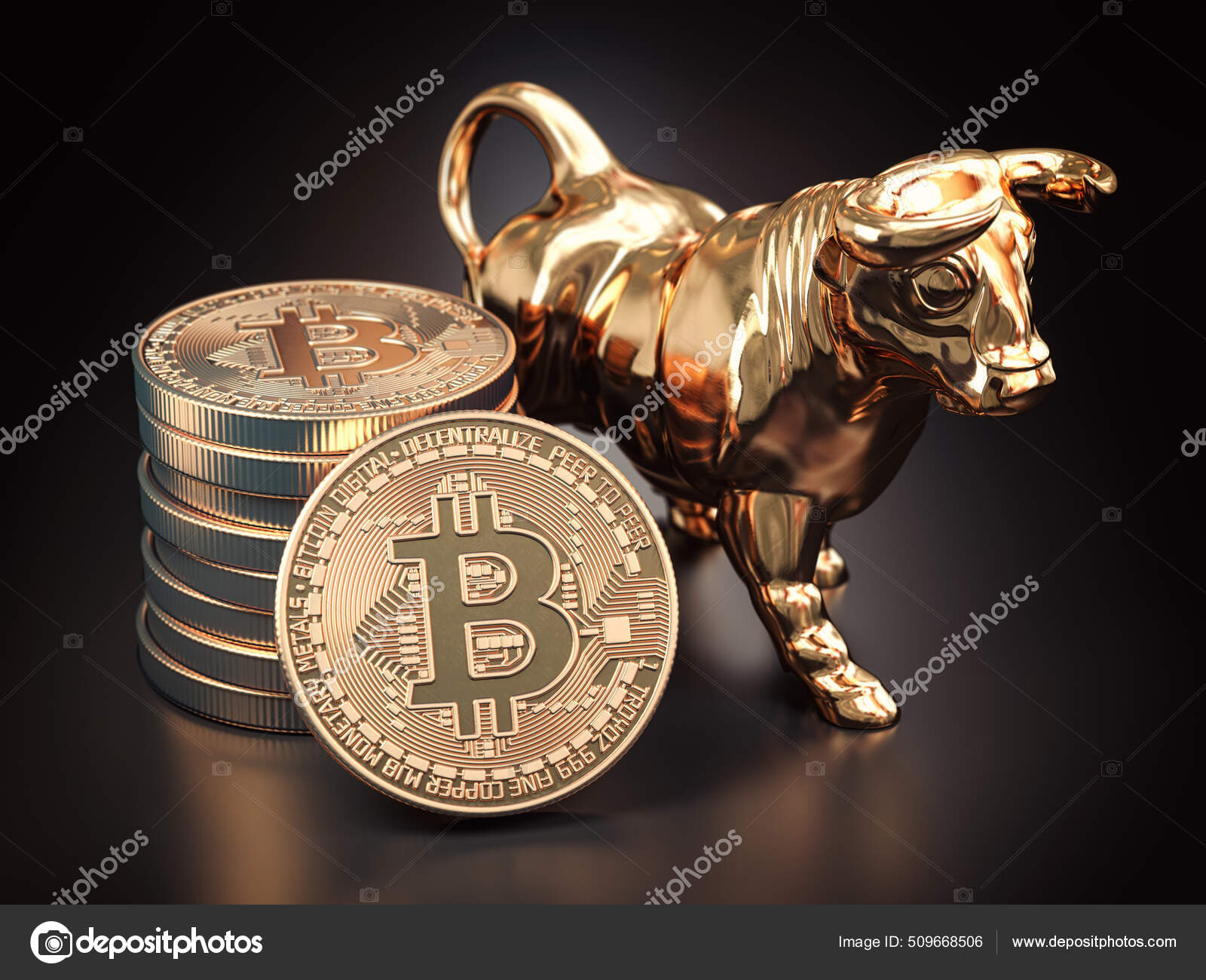 带有黑色背景公牛的比特币Btc的牛市3D说明——图库图片© Maksym Yemelyanov #509668506
