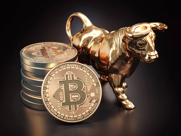 Bitcoin Ταύρο Μαύρο Φόντο Bullish Αγορά Btc Εικονογράφηση — Φωτογραφία Αρχείου