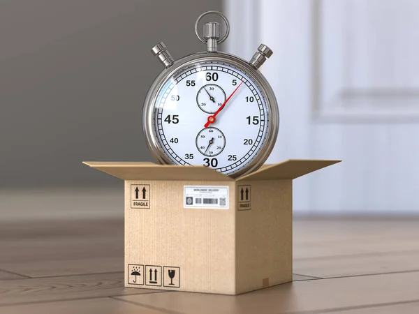 Express Delivery Concept Stopwatch Cardboard Box Floor Front Open Door — Stock Photo, Image