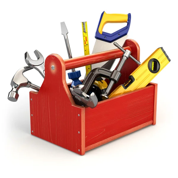 Werkzeugkasten mit Werkzeugen auf weißem, isoliertem Hintergrund. — Stockfoto