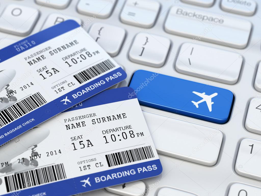 Online ticket booking. Boarding pass on laptop keyboard.