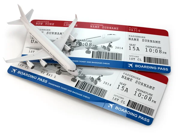 Cartão de embarque. Bilhetes e avião . — Fotografia de Stock