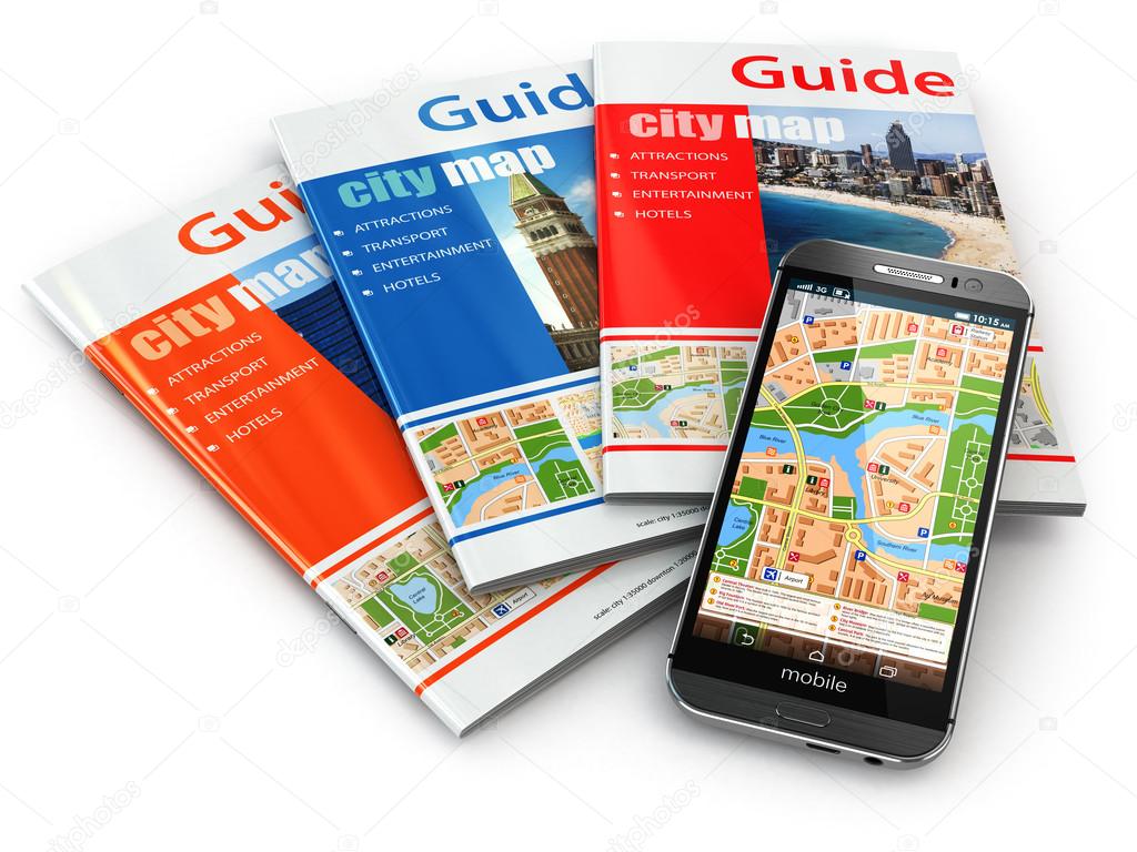 GPS mobile phone navigation  and travel guide books.