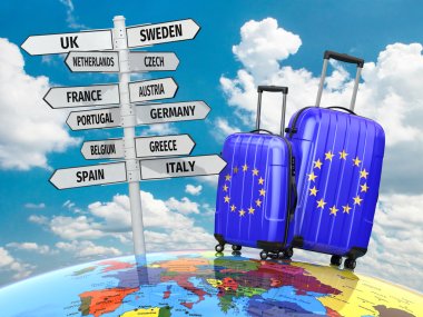 Travel concept. Suitcases and signpost what to visit in Europe. clipart