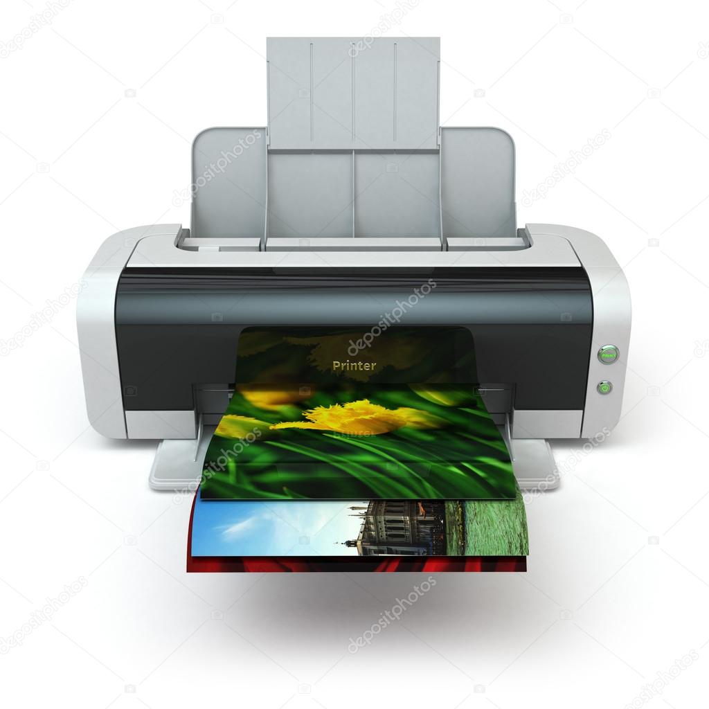 Color printer prints photo on white isolated background.