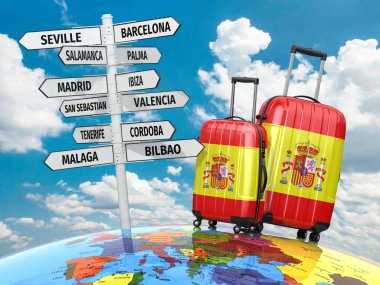 Travel concept. Suitcases and signpost what to visit in Spain clipart