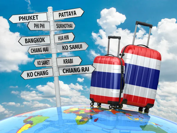 Travel concept. Suitcases and signpost what to visit in Thailand — Stock Photo, Image