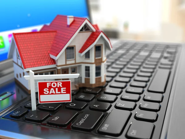 Agencia inmobiliaria en línea. Casa en el teclado portátil . —  Fotos de Stock