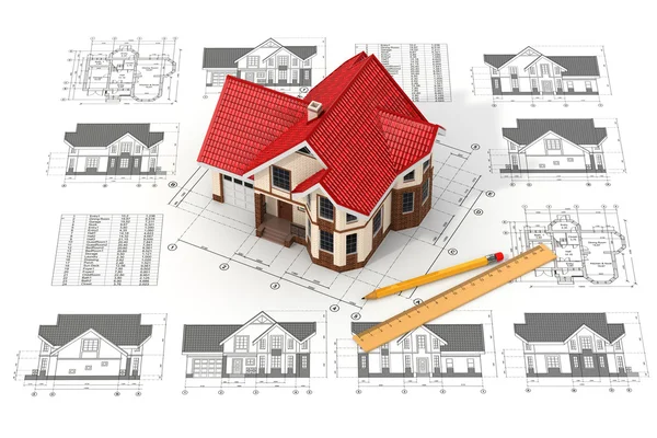 House on the drafts in different projections and blueprints. Stock Image