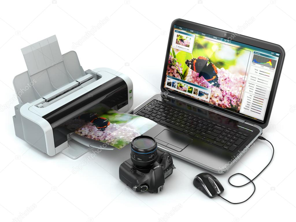 drie rit Sporten Laptop, photo camera and printer. Preparing images for print. Stock Photo  by ©maxxyustas 53712425