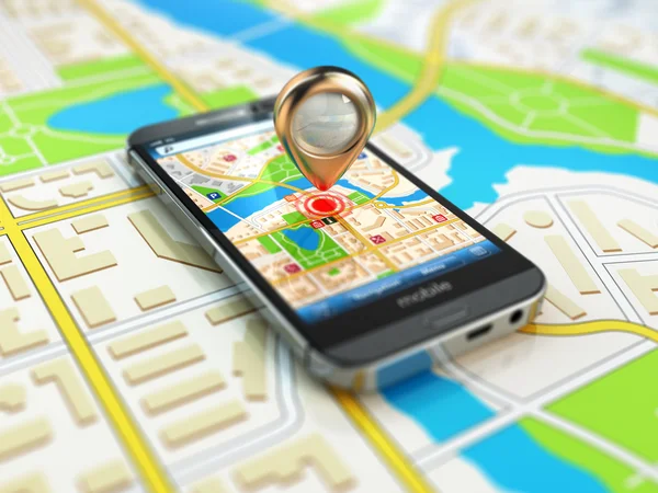 Mobiles GPS-Navigationskonzept. Smartphone auf der Stadtkarte, — Stockfoto
