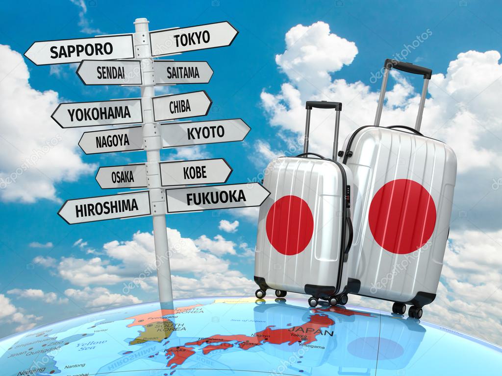 Travel concept. Suitcases and signpost what to visit in Japan.