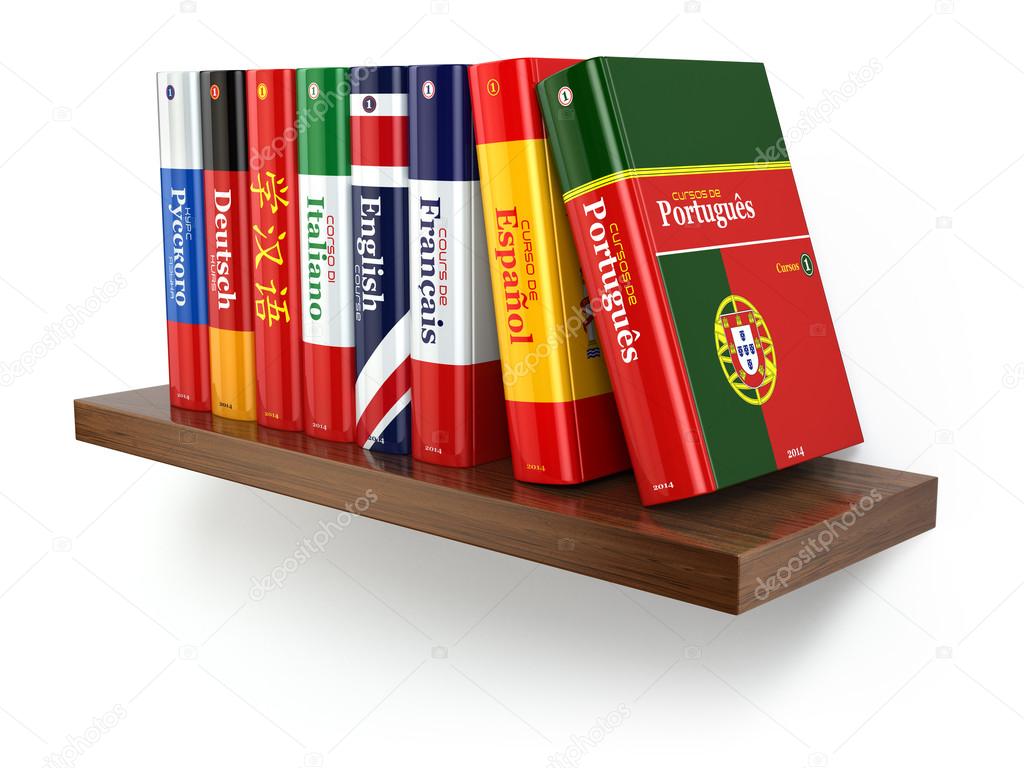 Dictionaries on bookshelf white isolated backgound.