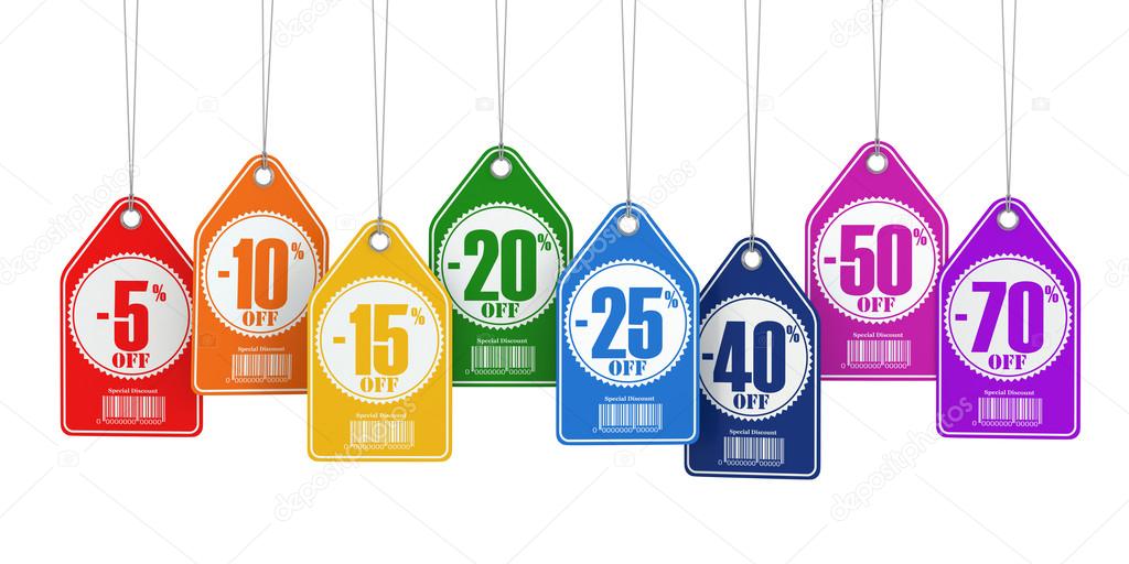 Sale tags labels discount on white isolated background.