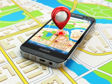 Картина, постер, плакат, фотообои "мобильная навигация gps. смартфон на карте города
,", артикул 54681837