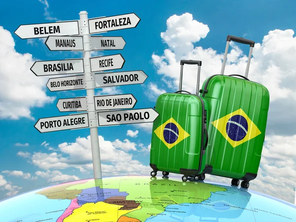 Concept de voyage. valises et panneau Quoi visiter au Brésil旅游概念。手提箱和路标在巴西访问什么. — 图库照片
