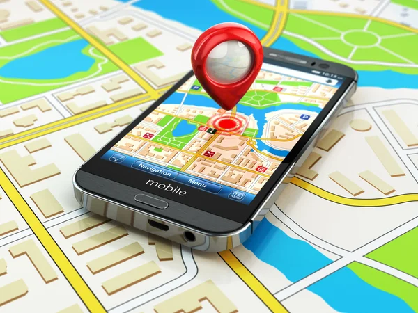 Mobiele gps navigatie concept. smartphone op kaart van de stad, — Stockfoto