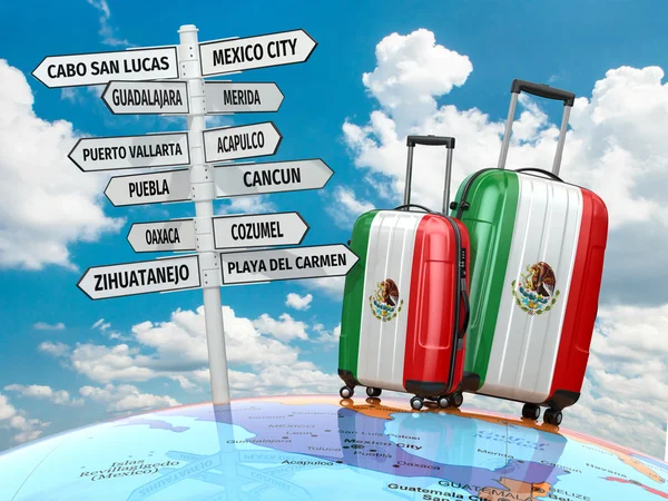 Travel concept. Suitcases and signpost what to visit in Mexico. — Stock Photo, Image