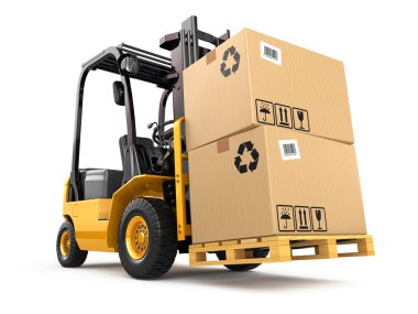 Palet üzerindeki kutuları ile forklift kamyon. Kargo.