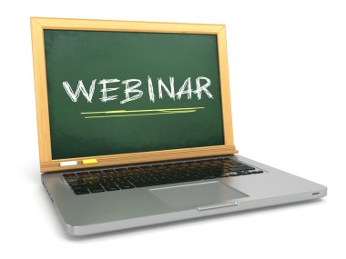 Webinar kavramı. Laptop ile kara tahta ve tebeşir.