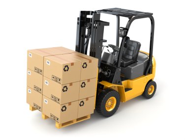 Palet üzerindeki kutuları ile forklift kamyon. Kargo.