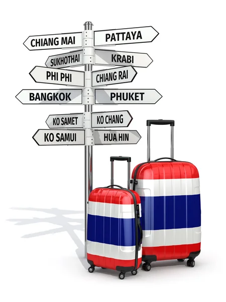 Concept de voyage. Valises et panneaux de signalisation à visiter en Thaïlande — Photo