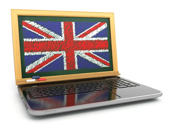 Engleză online. E-learning. Laptop și tablă cu steag britanic — Fotografie, imagine de stoc