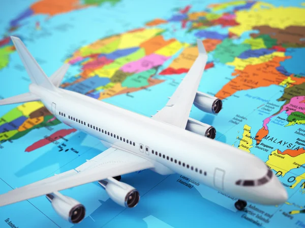 Flugzeug auf der Weltkarte. Dreidimensionales Bild. — Stockfoto