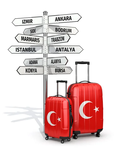 Concept de voyage. Valises et panneaux de signalisation à visiter en Turquie . — Photo