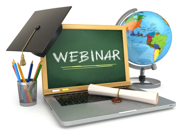 Webinar education concept. Laptop with blackboard, mortar board — Stock Photo, Image