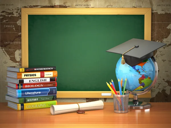 School education concept. Mortar board, blackboard, textbooks, g — Stock Photo, Image