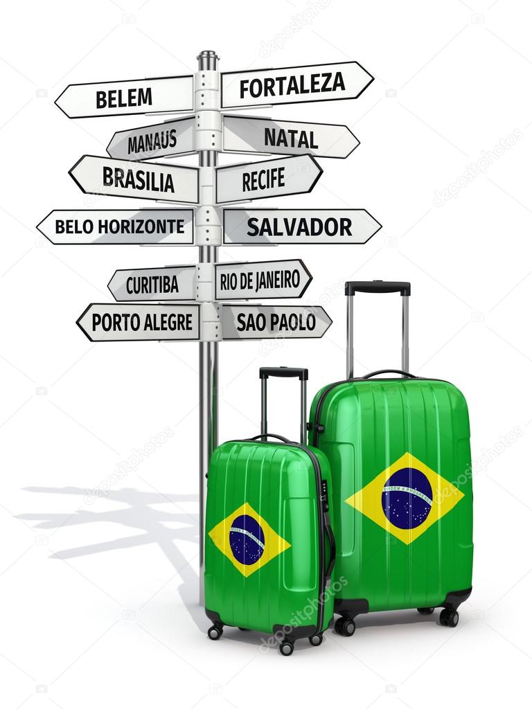 Travel concept. Suitcases and signpost what to visit in Brazil.