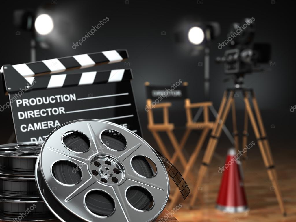 Cinema Concept Movie Camera With Film Reels Chair Megaphone And