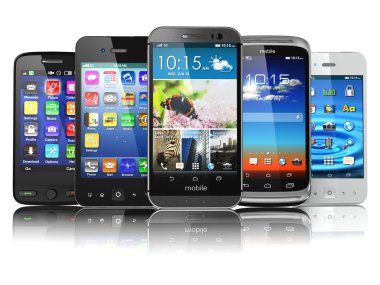 Choosing of mobile phone.  Different modern smartphones with tou clipart