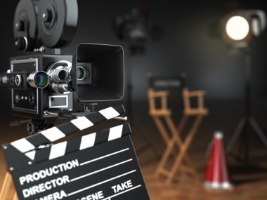 Video, movie, cinema concept. Retro camera, flash, clapperboard  clipart