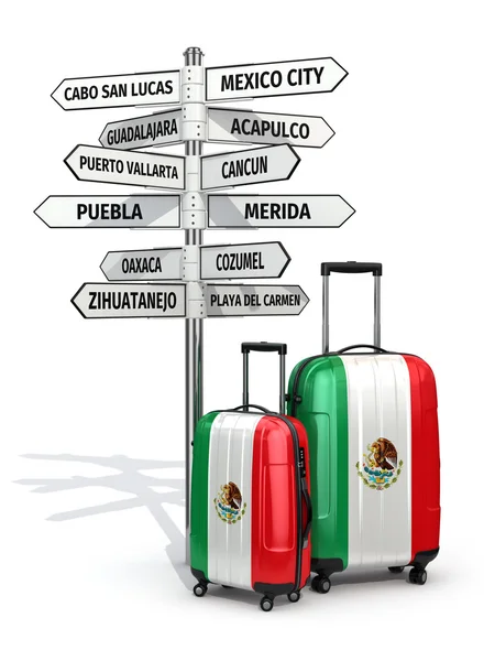 Travel concept. Suitcases and signpost what to visit in Mexico. — Stock Photo, Image