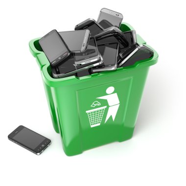 Hareket eden telefon içinde çöp üzerinde izole beyaz arka plan olabilir. Utiliza
