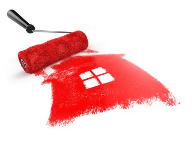Construcrion kavramı. Evin üzerinde izole işareti ile rulo fırça
