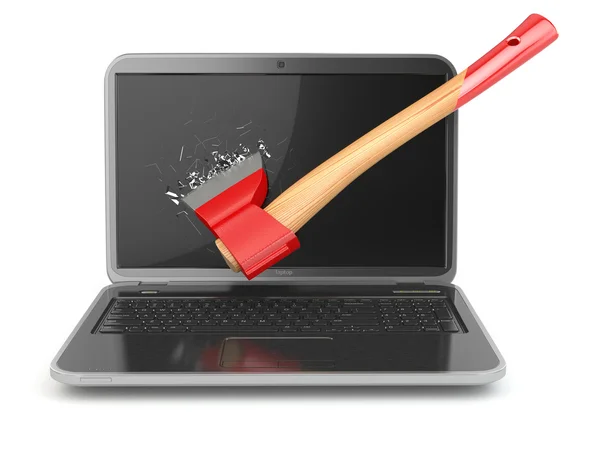 Laptop damaged by axe isolated on white background. Concept of a — Stock Photo, Image