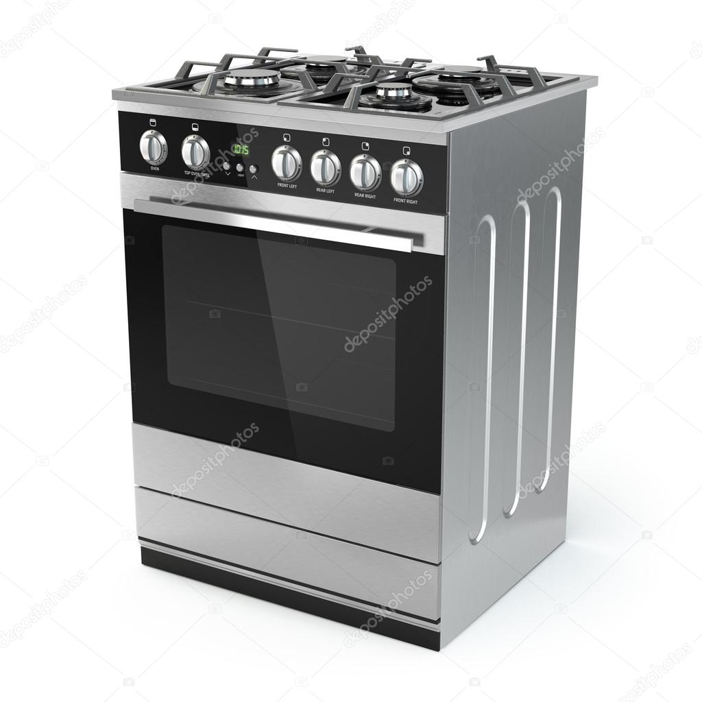 Stainless steel gas cooker with oven isolated on white.