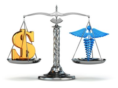 Seçim sağlık ya da para. Caduceus ve dolar işareti ölçeklerde.