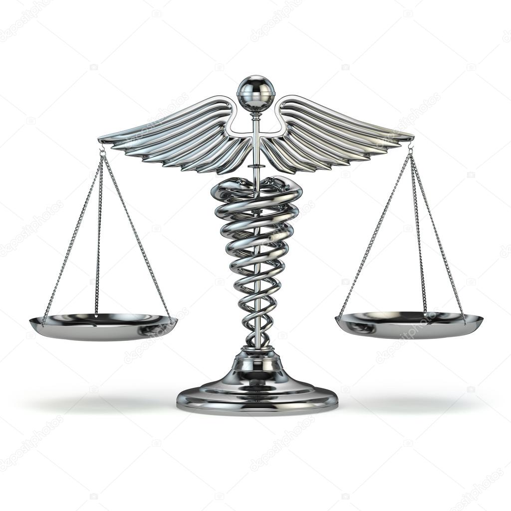Medicina y justicia. Símbolo de caduceo como escamas. Imag conceptual