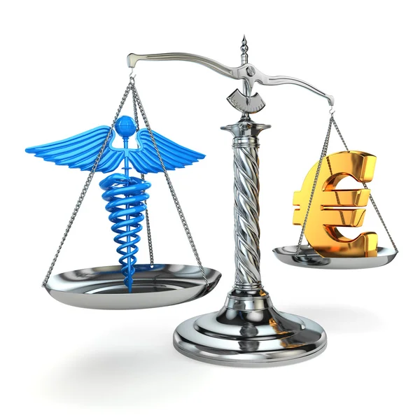 Wahlweise Gesundheit oder Geld. Caduceus und Eurozeichen auf der Waage. — Stockfoto