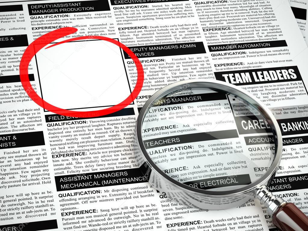 Job search concept. Loupe, newspaper with employment advertiseme