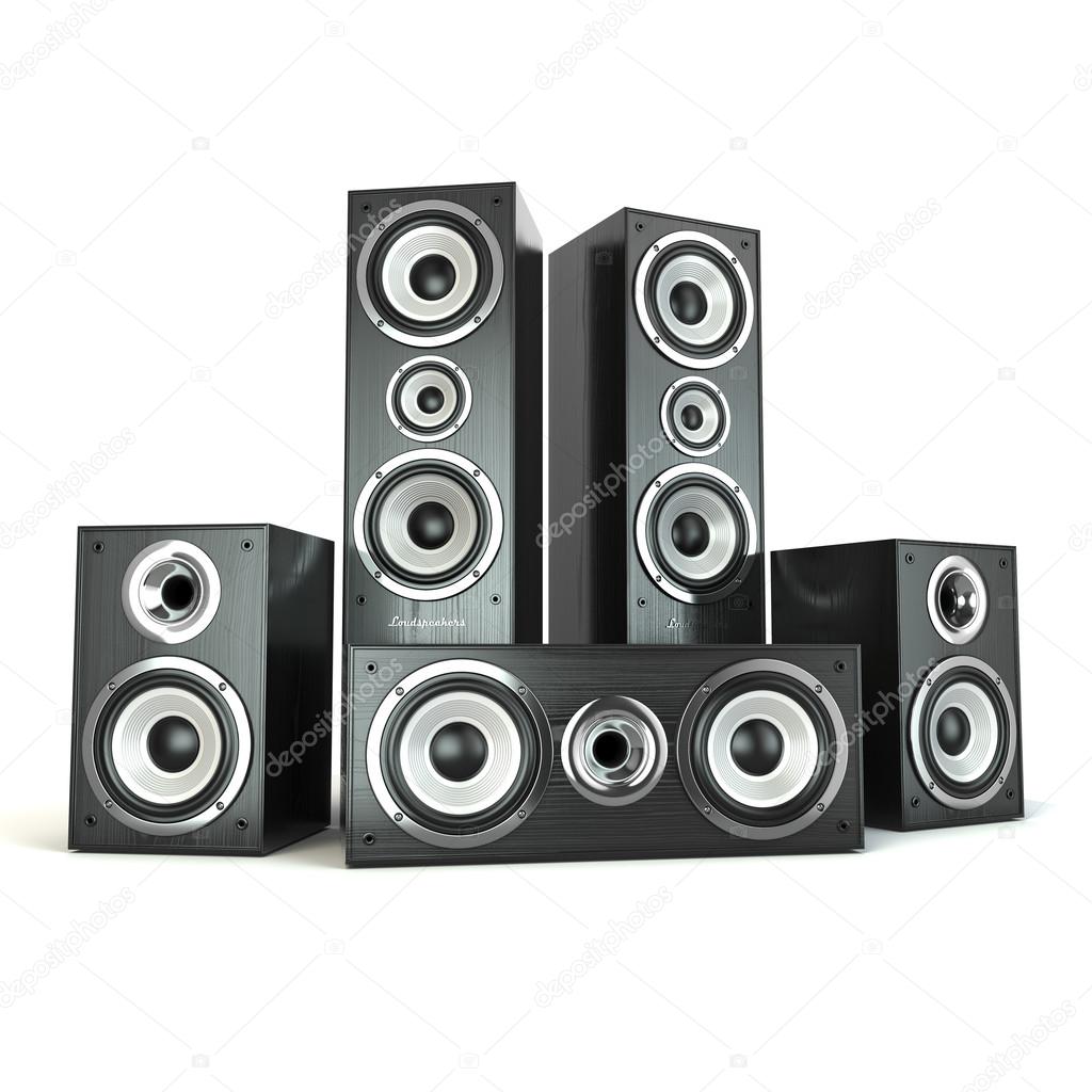 Group of audio speakers. Loudspeakers isolated on white.