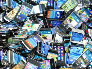 Mobile phones background. Pile of different modern smartphones. clipart