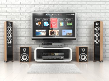 Ev cinemar sistemi. TV, oudspeakers, oyuncu ve alıcı t