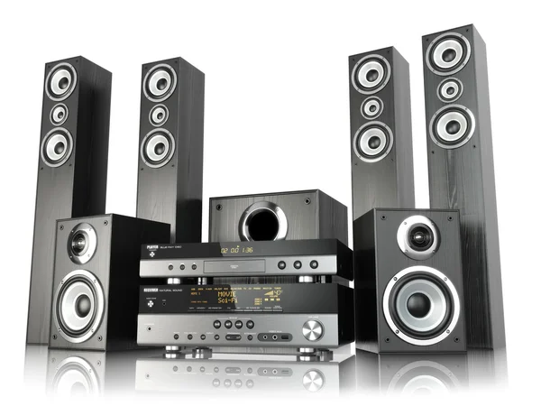 Home cinema speaker system. Loudspeakers, player and receiver. — Stock Photo, Image