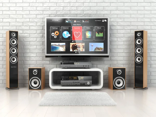 Home cinemar system. TV,  oudspeakers, player and receiver  in t — Stock Photo, Image