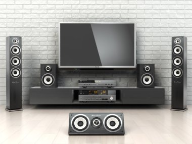 Ev cinemar sistemi. TV, oudspeakers, oyuncu ve alıcı t